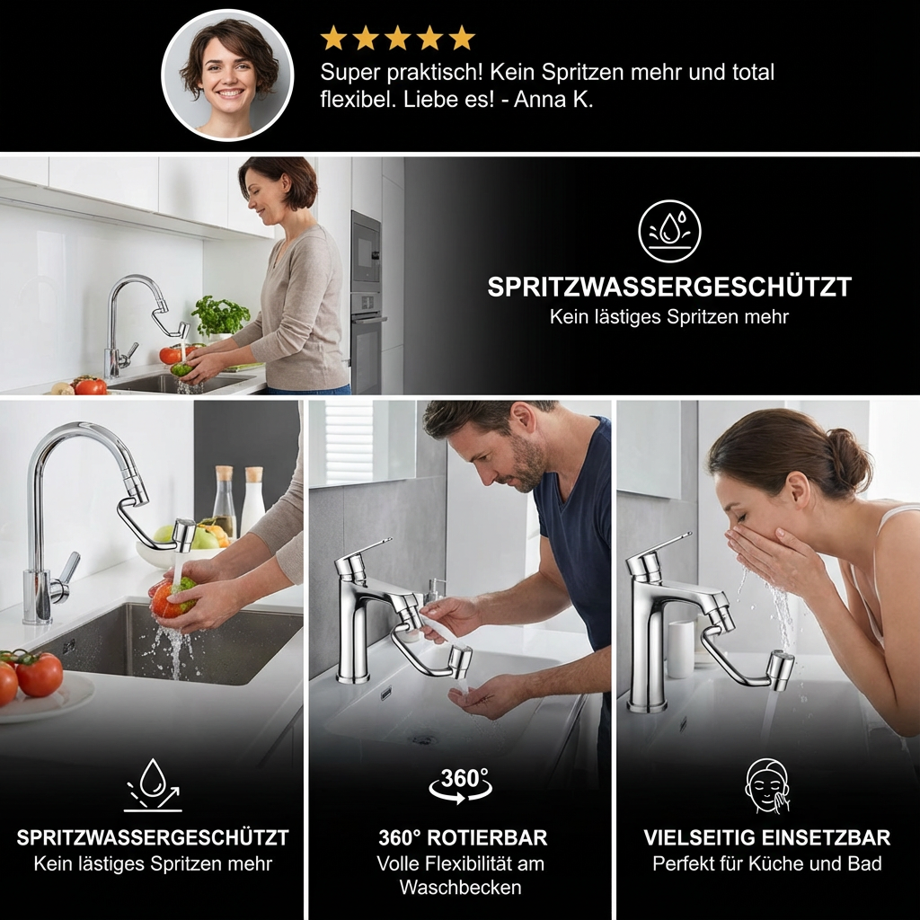 360° Wasserhahn-Verlängerung mit Sprühaufsatz – Für Küche & Bad