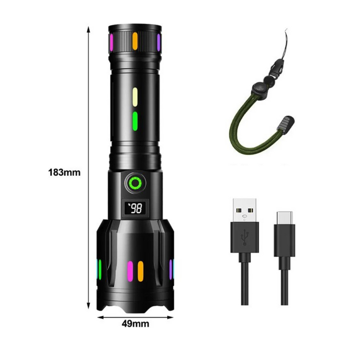 LED-Taschenlampe Mit Power-Display – Wiederaufladbare Hochleistungs-Taschenlampe Mit Glasbrecher & USB-C