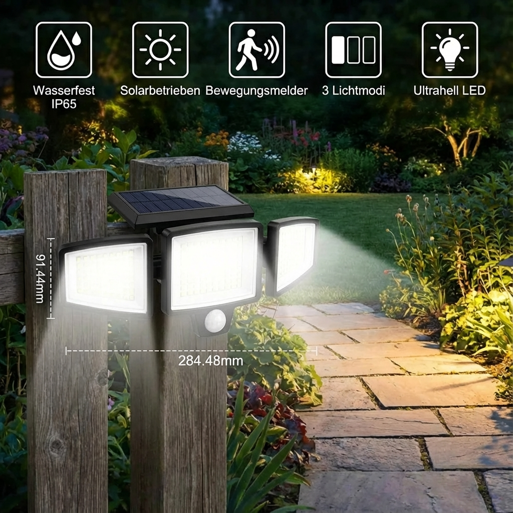 Wasserfeste LED Solar-Außenleuchte mit 3 Strahlern – 3 Lichtmodi & Bewegungsausleuchtung