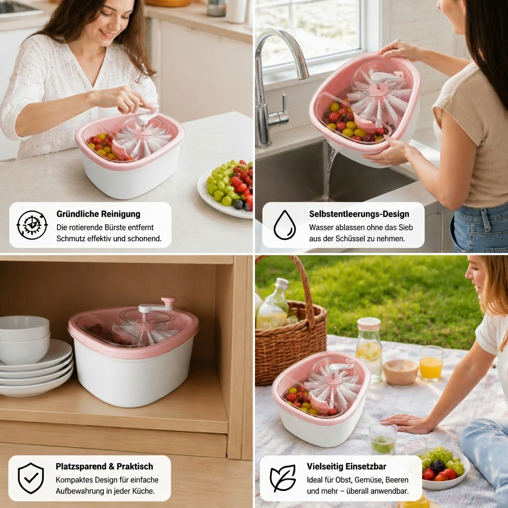 Selbstentleerende Waschschüssel für Obst und Gemüse mit Rotierender Bürste