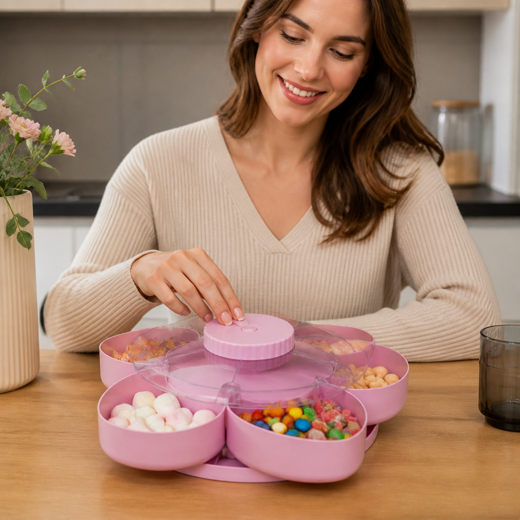 Drehbare Snackplatte mit Fächern – Rotierendes Serviertablett für Snacks & Süßigkeiten
