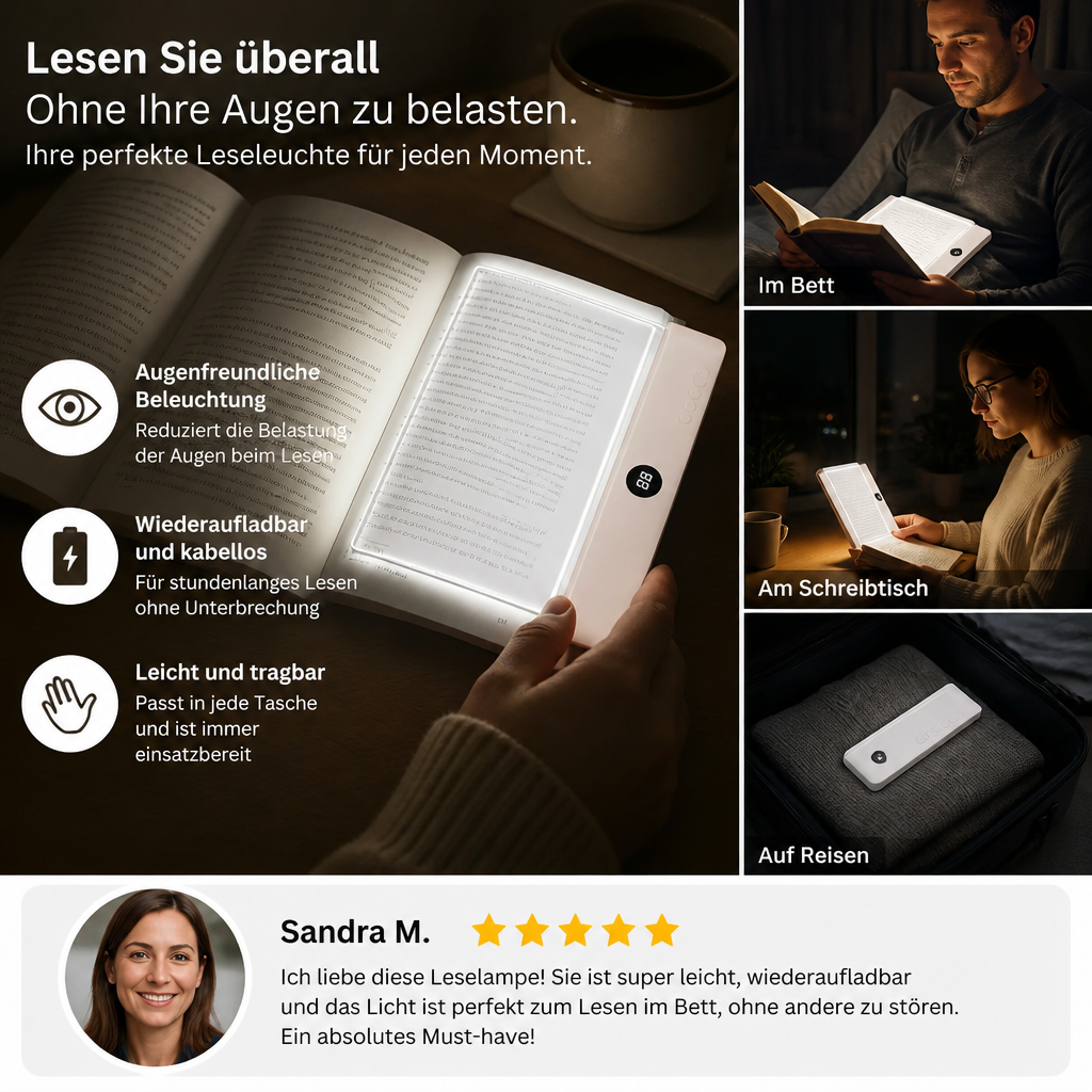 Wiederaufladbare LED-Leselampe – tragbare Buch- und Nachtleselampe für gemütliche und stressfreie Momente