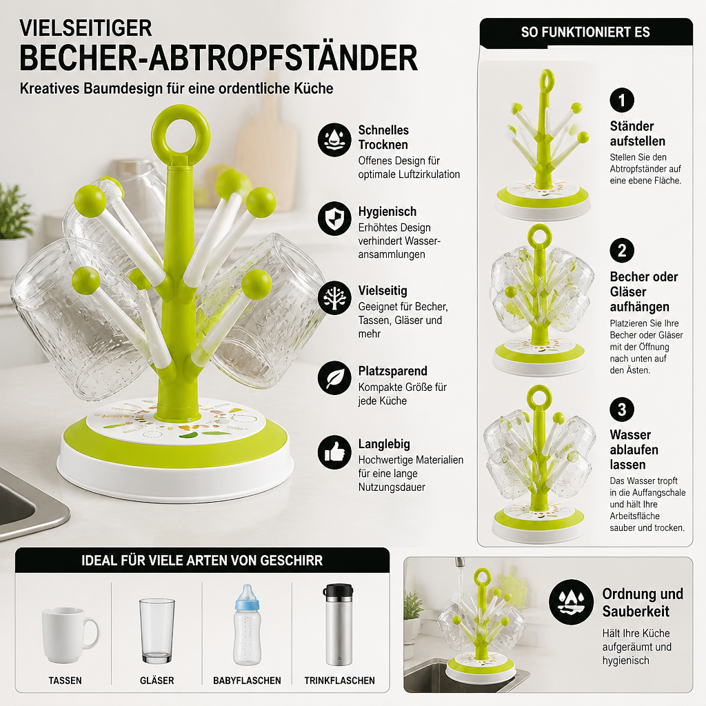 Vielseitiger Becher-Abtropfständer mit kreativem Baumdesign für die Küche