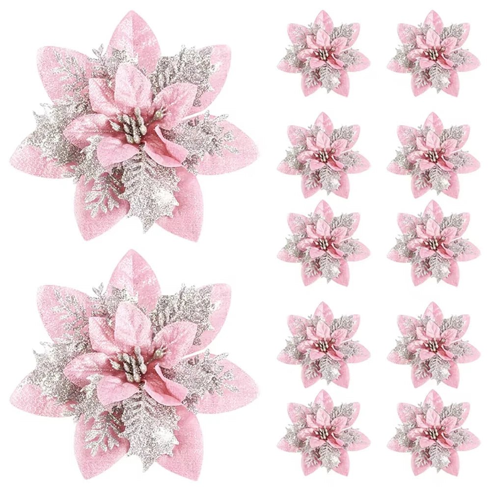 GLIMFLOR – 14,5 cm große glitzernde Weihnachtsblumen in Rosa, Rot und Gold 0