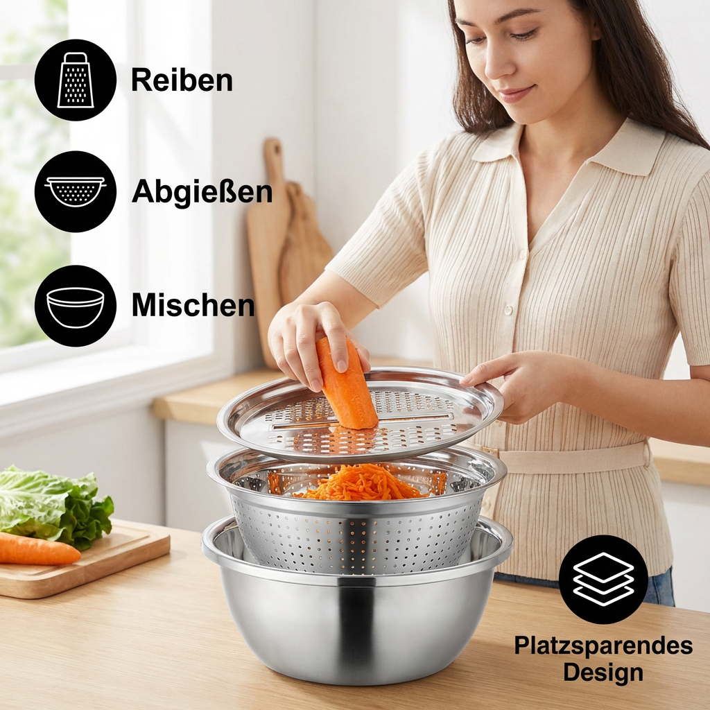 Gemüseschneider mit Reibe – Praktisches Multifunktionales Sieb- und Rührschüssel-Set