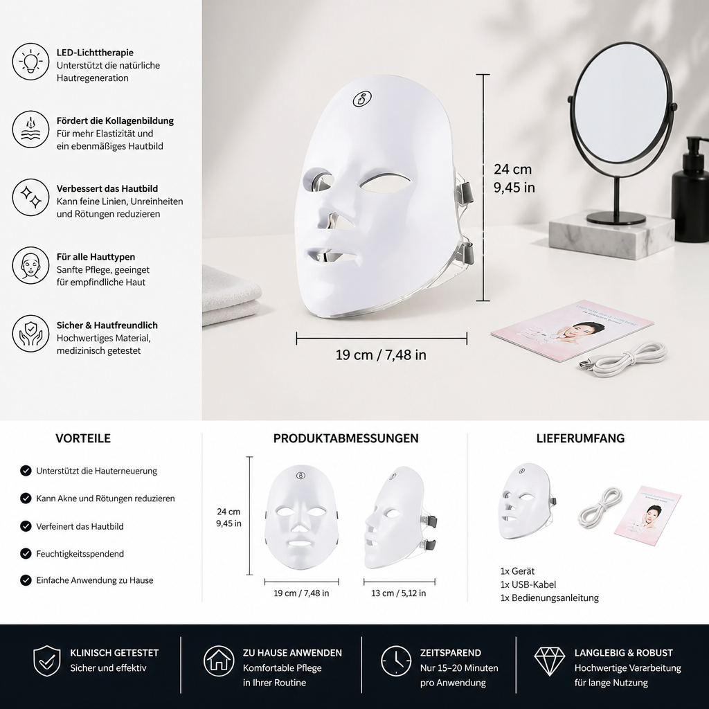 LED Gesichtsmaske – Professionelle Lichttherapie zur Hautverjüngung für Zuhause