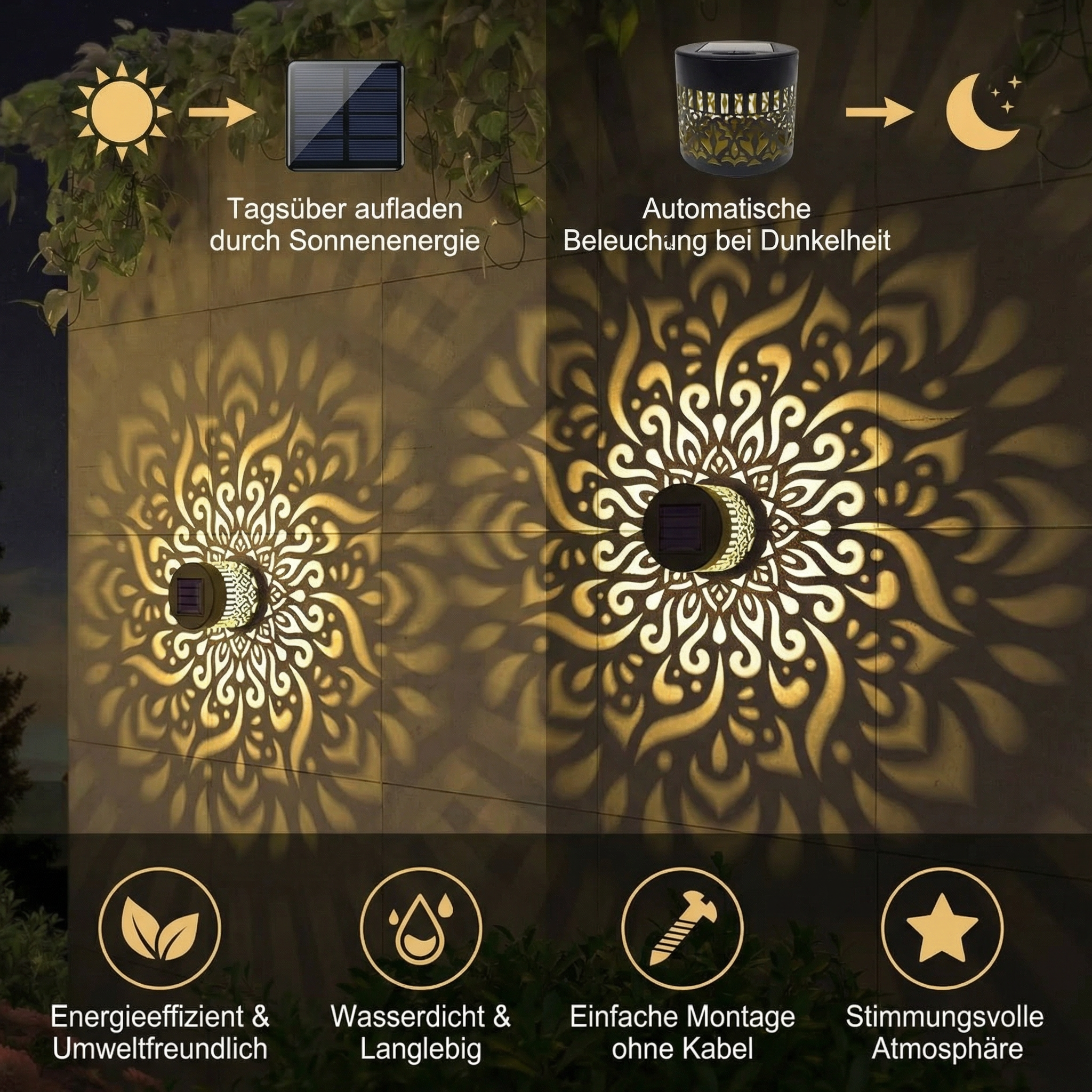 LED Solarleuchte im Mandala Design – Außenwandleuchte für Garten, Zaun & Terrasse