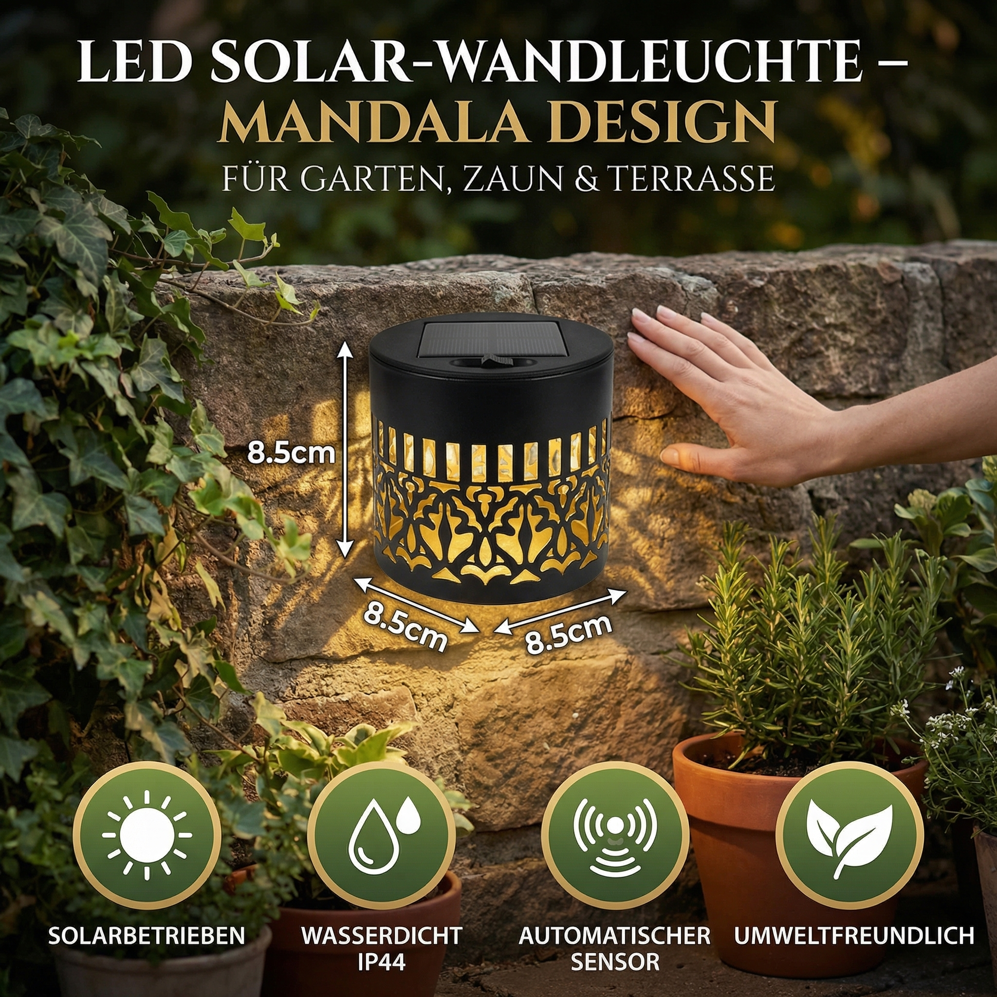 LED Solarleuchte im Mandala Design – Außenwandleuchte für Garten, Zaun & Terrasse