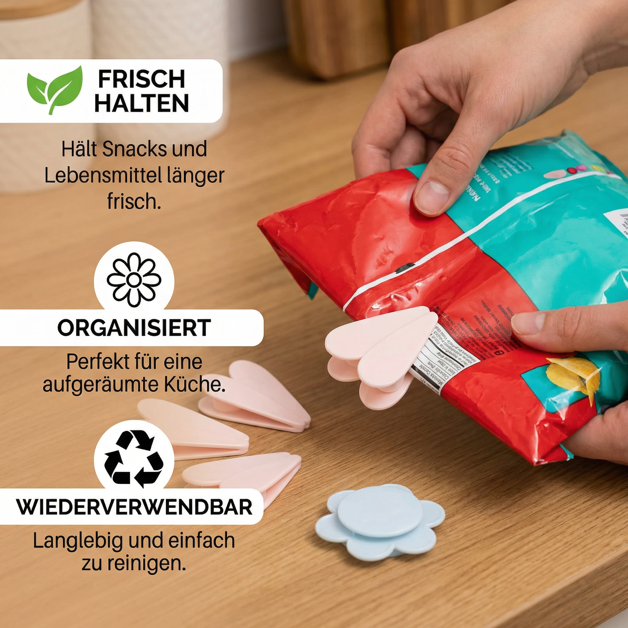 Gänseblümchen Beutelverschlüsse – Für Snacks & Lebensmittelaufbewahrung (4er-Set)
