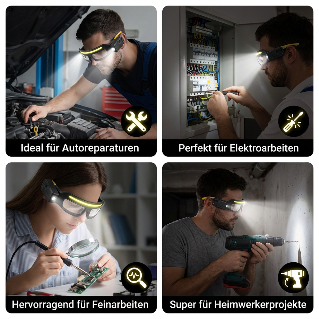 Wiederaufladbare LED Brillen Arbeitsampe mit Bewegungssensor – USB-C Stirnlicht für Arbeiter
