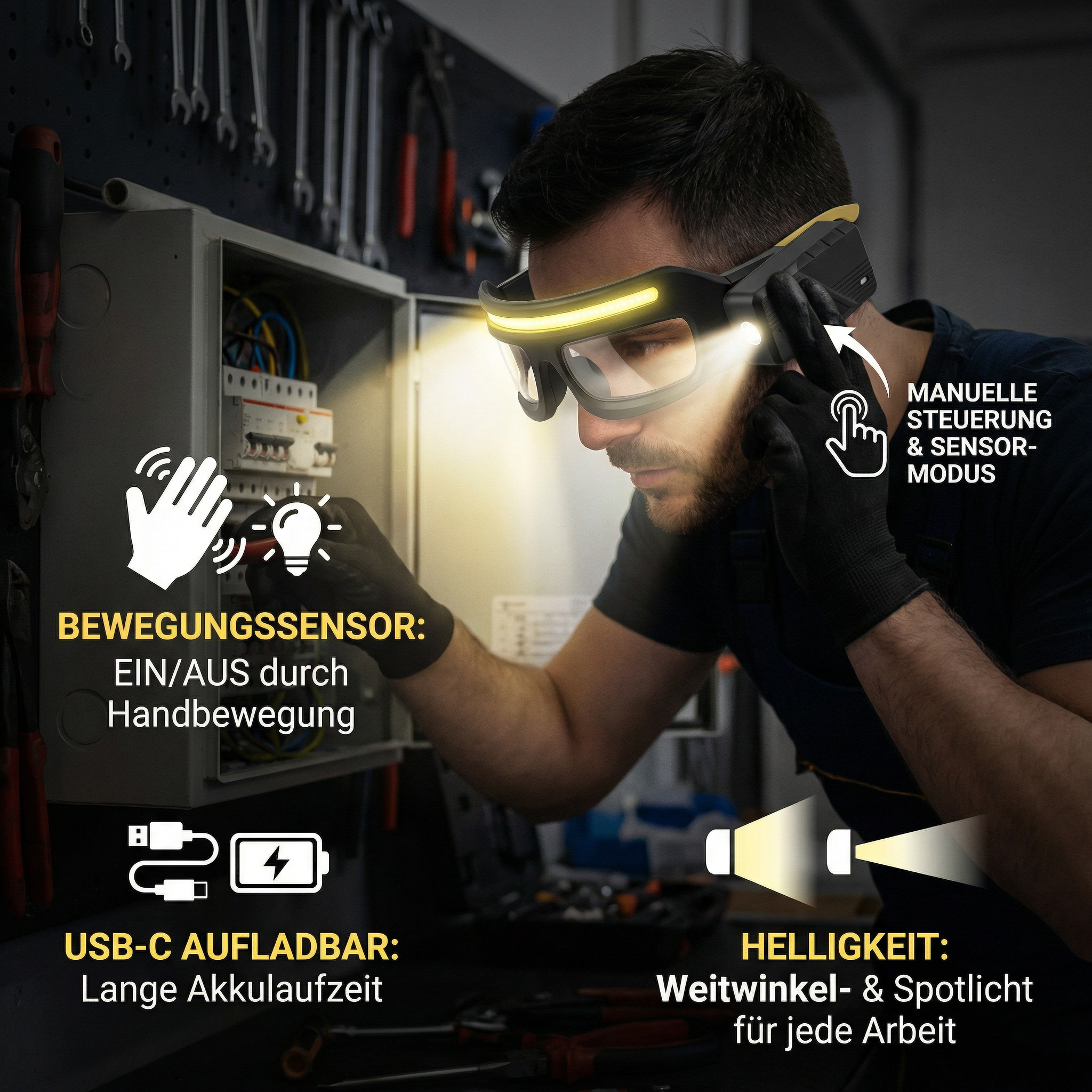 Wiederaufladbare LED Brillen Arbeitsampe mit Bewegungssensor – USB-C Stirnlicht für Arbeiter