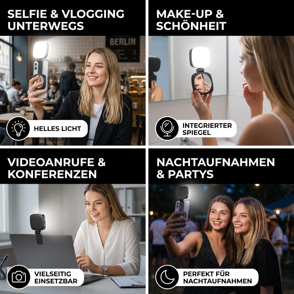 Magnetisches LED Selfie- & Beauty-Licht für Smartphones – Klappbar, tragbar mit Spiegel
