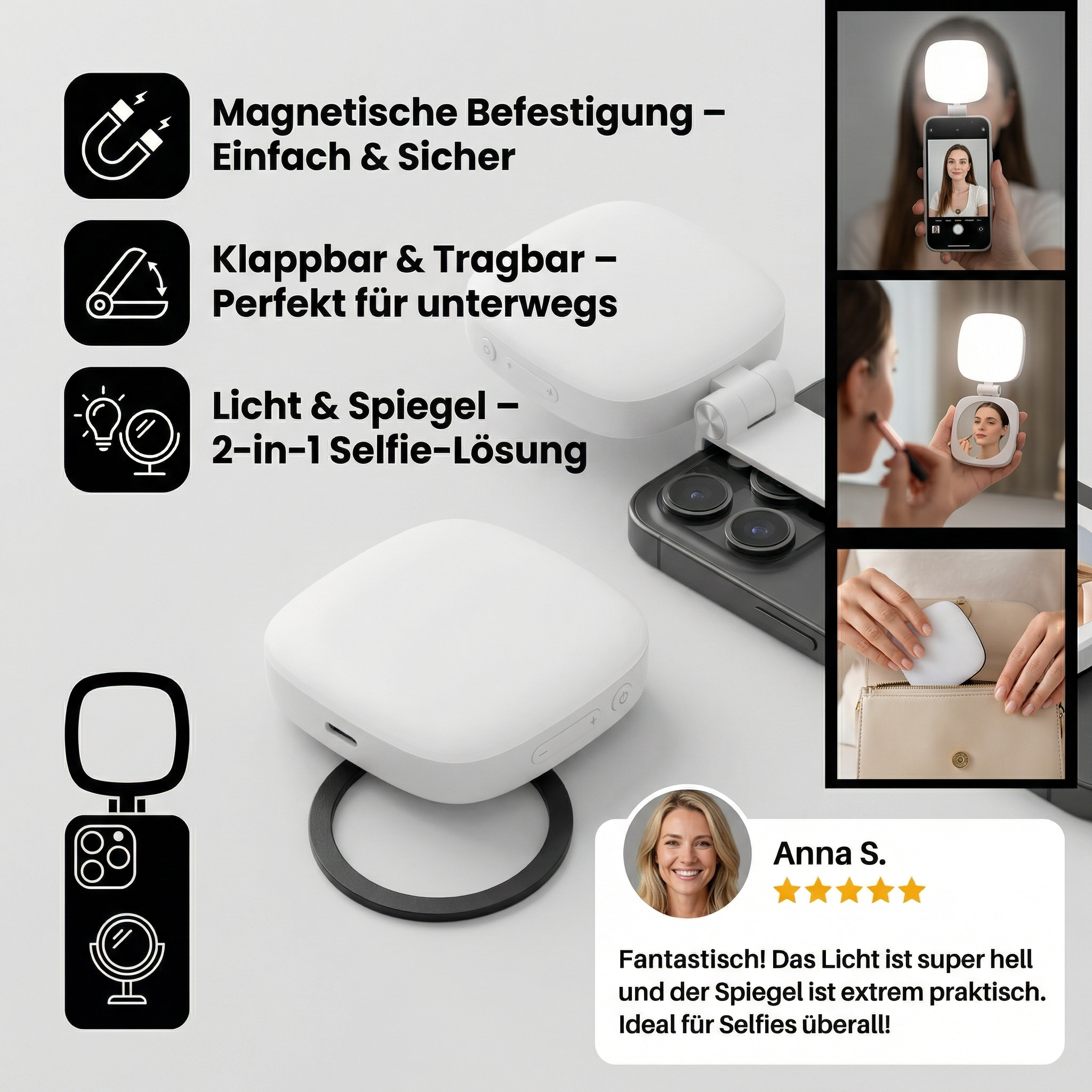Magnetisches LED Selfie- & Beauty-Licht für Smartphones – Klappbar, tragbar mit Spiegel