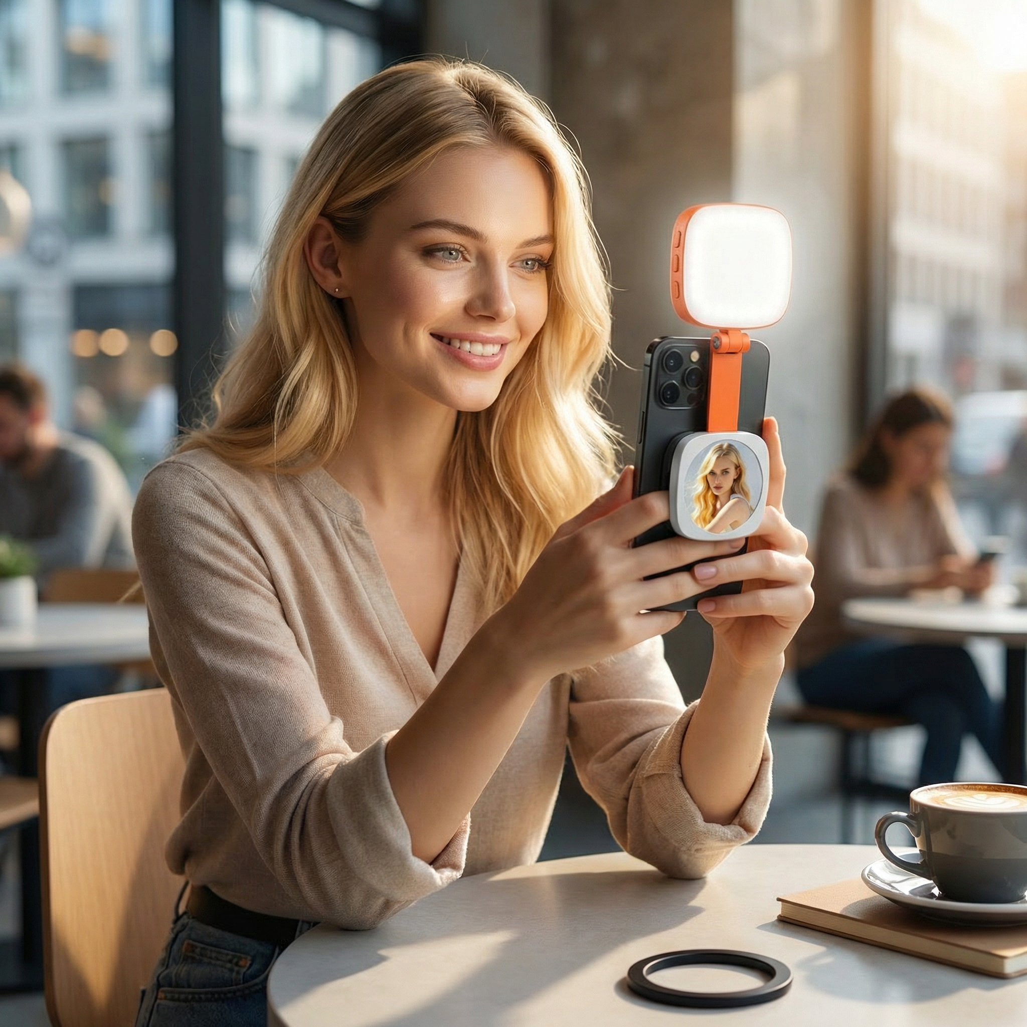 Magnetisches LED Selfie- & Beauty-Licht für Smartphones – Klappbar, tragbar mit Spiegel