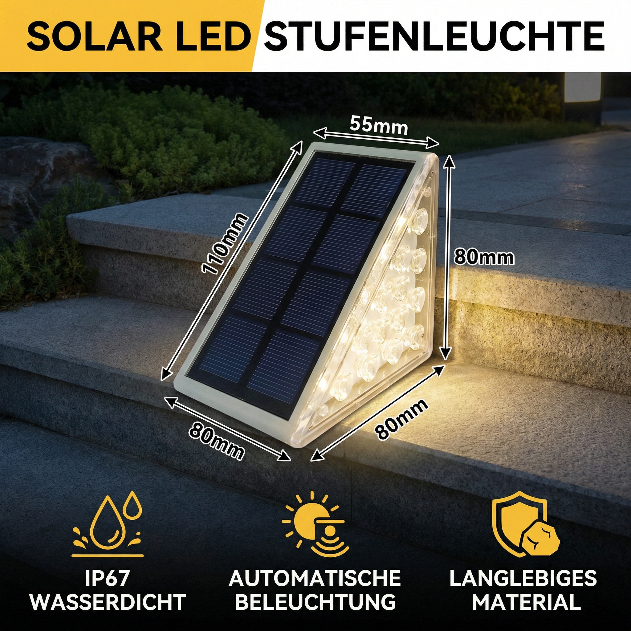 Solar LED Stufenleuchte – IP67 wasserdichte Treppen- & Wegebeleuchtung