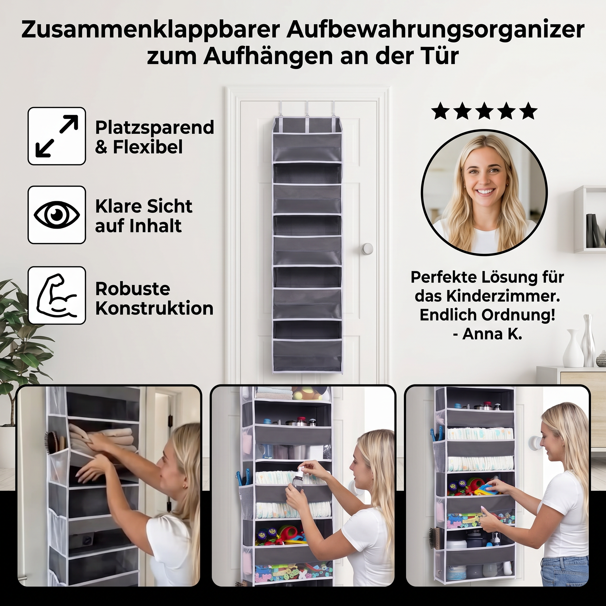 Zusammenklappbarer Aufbewahrungsorganizer zum Aufhängen an der Tür