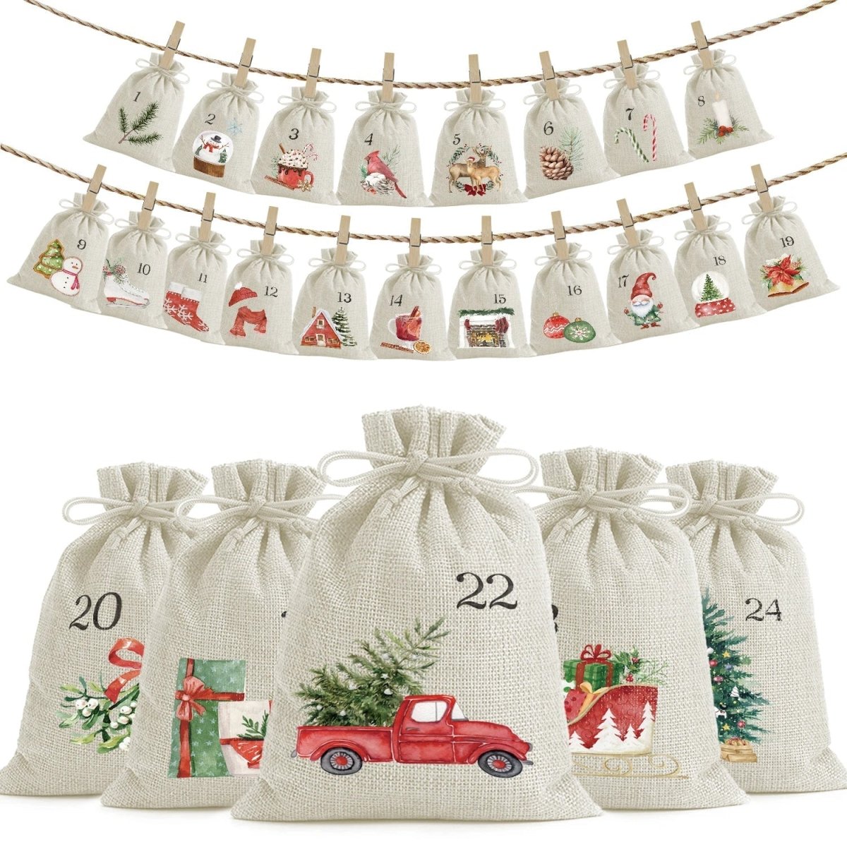 MERRYSAC – 24 Weihnachtsgeschenktüten mit Kordelzug für festliche Stimmung 5