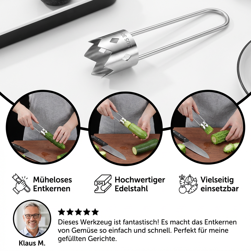 Edelstahl Obstentkerner – Multifunktionales Werkzeug zum einfachen Entfernen von Kernen bei Obst & Gemüse
