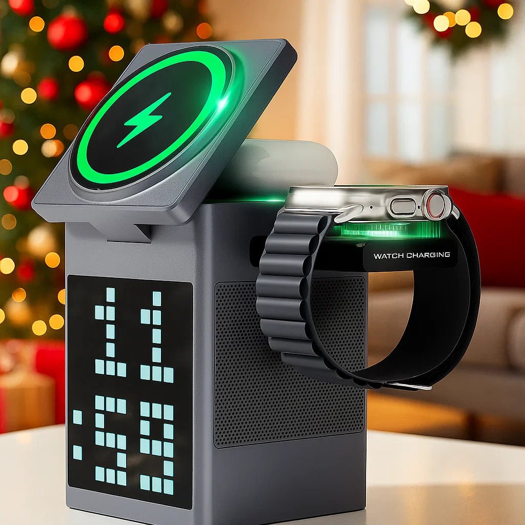 PIXCHARGE – 3-in-1-Kabelloses Ladegerät mit Bluetooth-Lautsprecher und LED-Uhranzeige 0