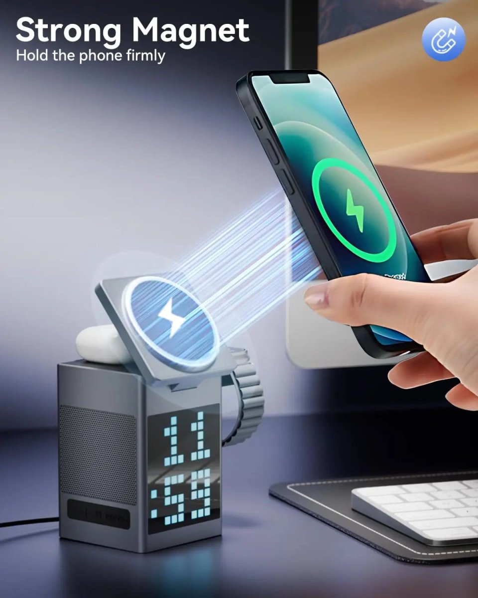 PIXCHARGE – 3-in-1-Kabelloses Ladegerät mit Bluetooth-Lautsprecher und LED-Uhranzeige 3
