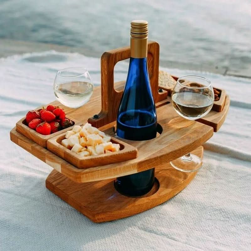 Portabel Holz Picknick Tisch – Faltbarer Picknicktisch aus Holz mit Glashaltern & Snackfächern | Für Garten, Strand & Reisen