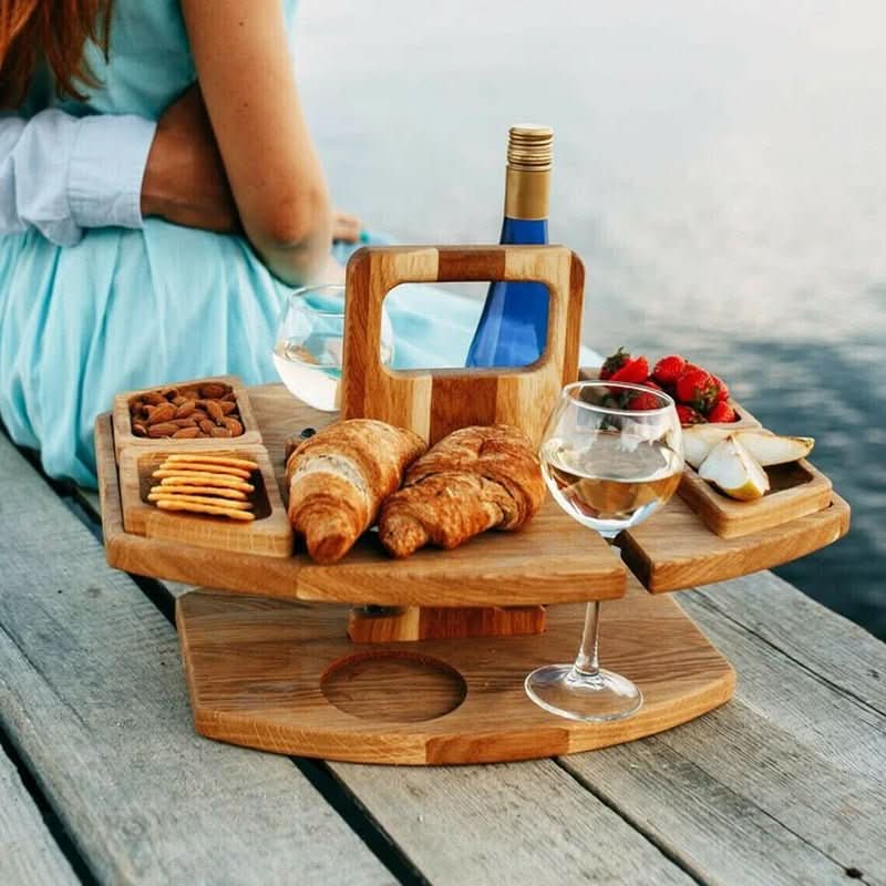 Portabel Holz Picknick Tisch – Faltbarer Picknicktisch aus Holz mit Glashaltern & Snackfächern | Für Garten, Strand & Reisen