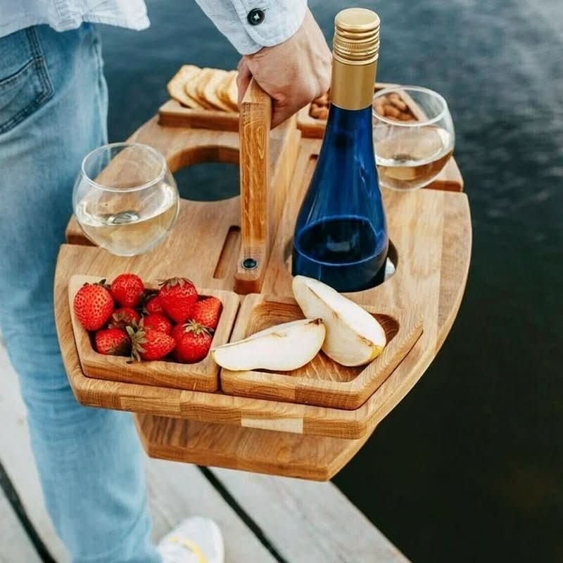 Portabel Holz Picknick Tisch – Faltbarer Picknicktisch aus Holz mit Glashaltern & Snackfächern | Für Garten, Strand & Reisen