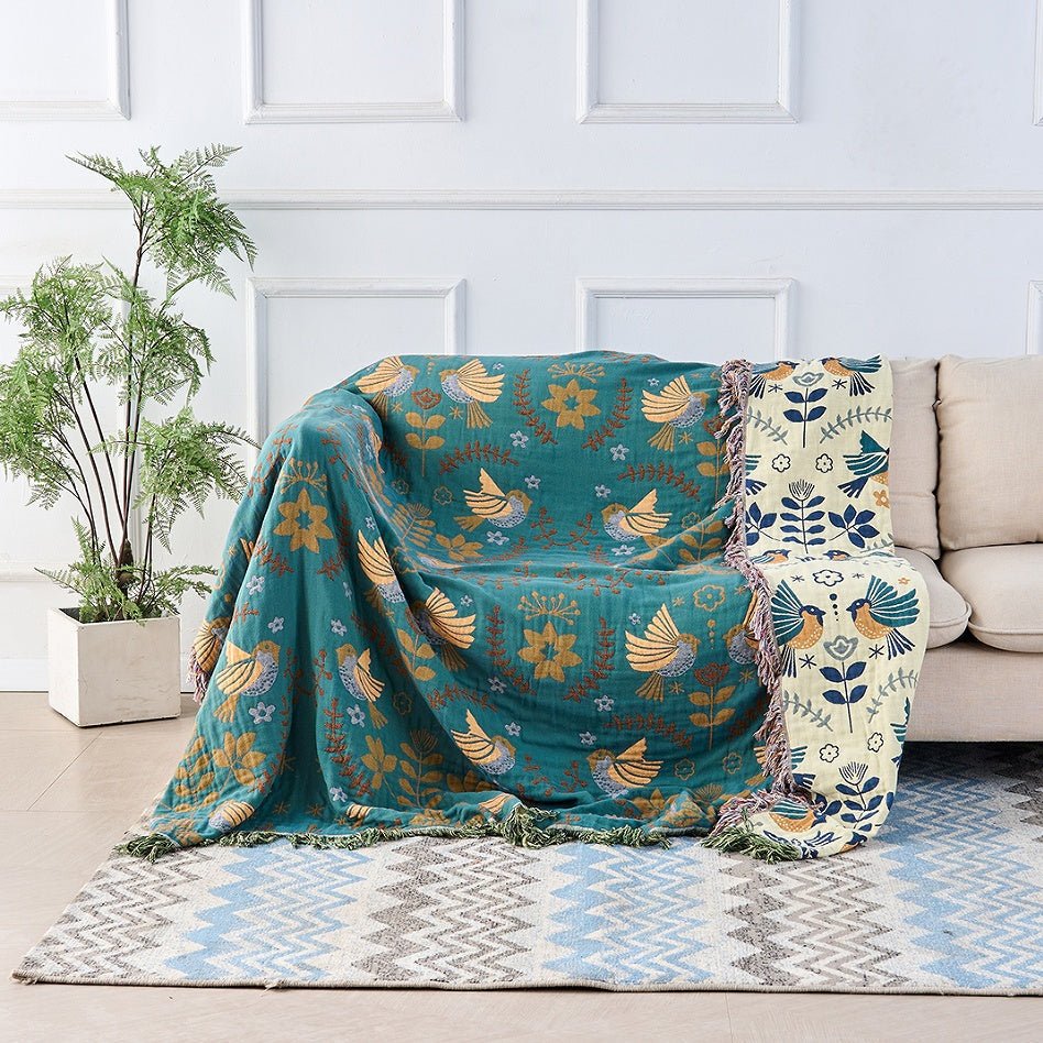 REVERSIBIRD – Wendbare skandinavische Vogel-Überwurfdecke aus 100 % Baumwolle 0