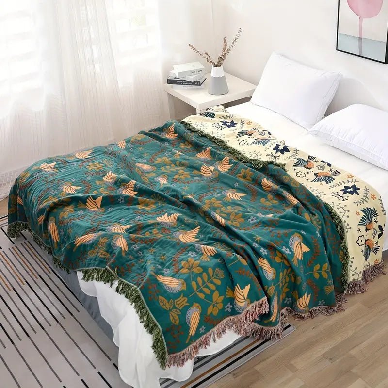 REVERSIBIRD – Wendbare skandinavische Vogel-Überwurfdecke aus 100 % Baumwolle 3
