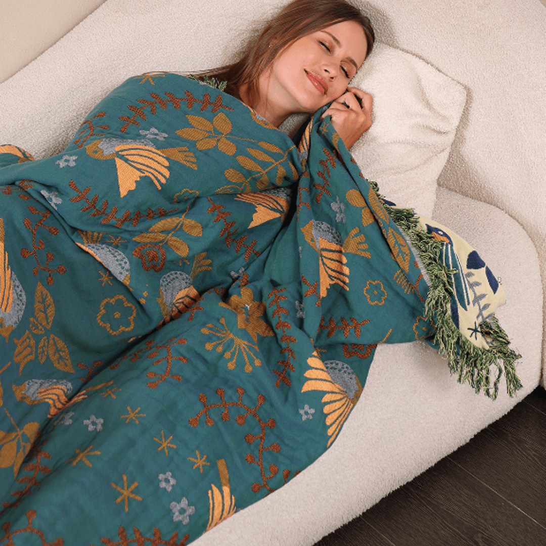 REVERSIBIRD – Wendbare skandinavische Vogel-Überwurfdecke aus 100 % Baumwolle 4