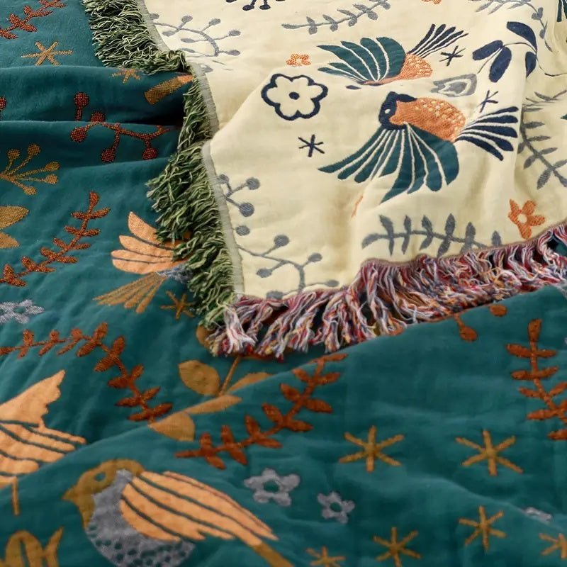 REVERSIBIRD – Wendbare skandinavische Vogel-Überwurfdecke aus 100 % Baumwolle 5