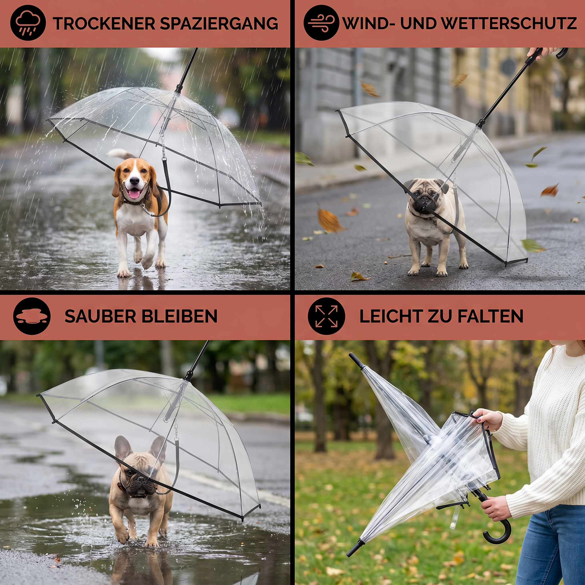 Transparenter Hunde Regenschirm mit Leine für kleine Hunde