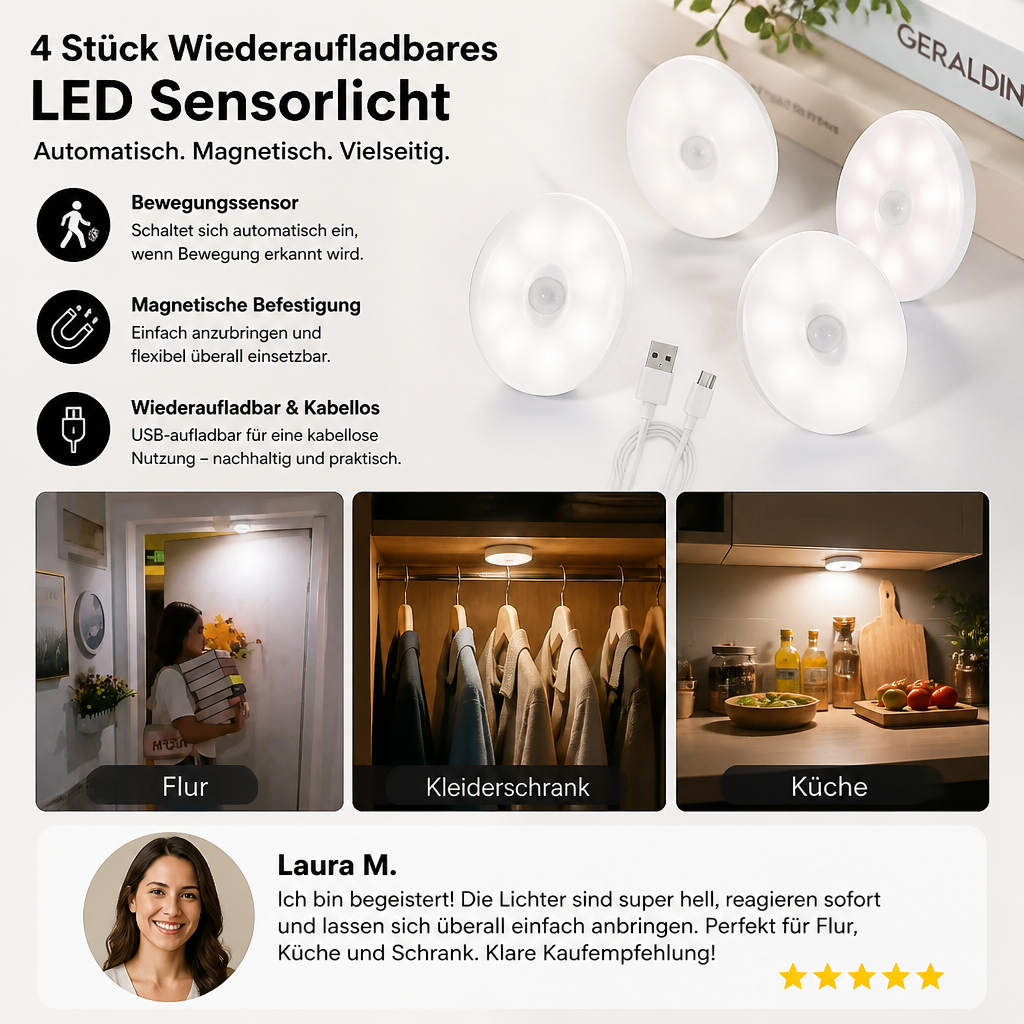 Wiederaufladbares LED Sensorlicht (4er-Set) – Magnetisch und automatisch für vielseitige Anwendungen