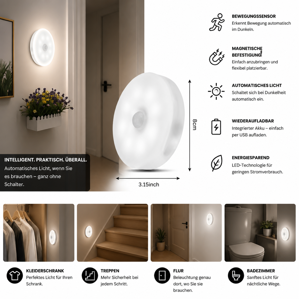 Wiederaufladbares LED Sensorlicht (4er-Set) – Magnetisch und automatisch für vielseitige Anwendungen