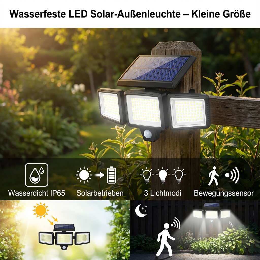 Wasserfeste LED Solar-Außenleuchte mit 3 Strahlern – 3 Lichtmodi & Bewegungsausleuchtung