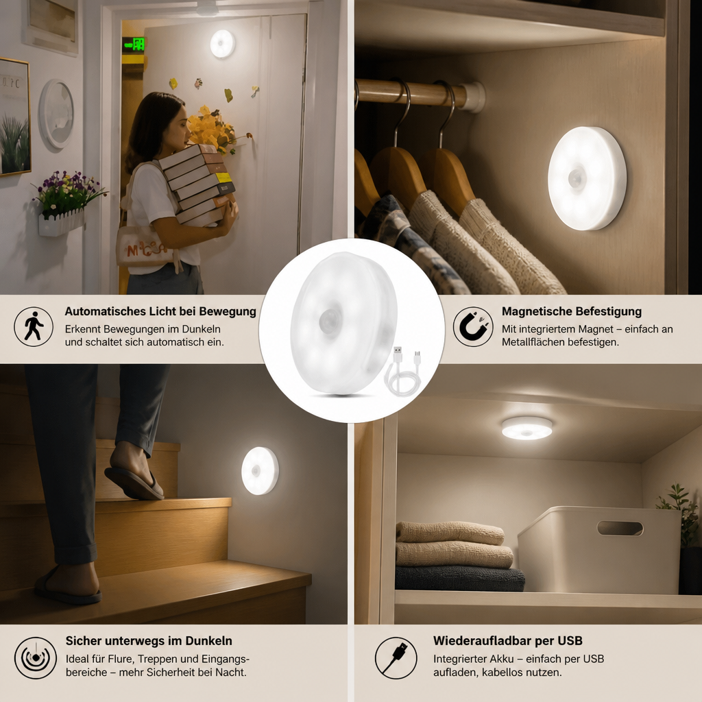 Wiederaufladbares LED Sensorlicht (4er-Set) – Magnetisch und automatisch für vielseitige Anwendungen