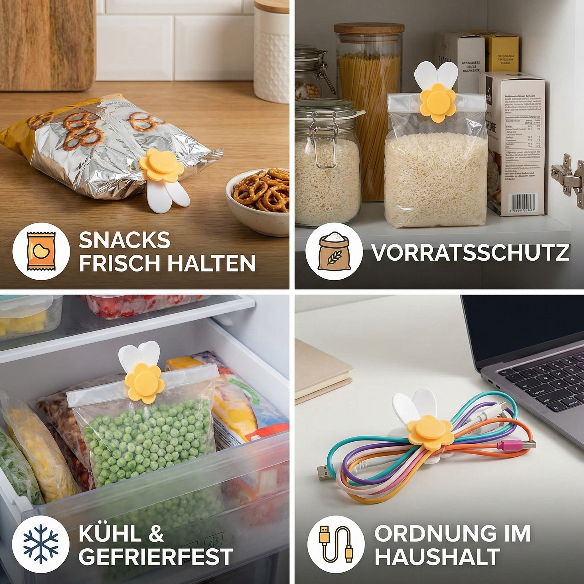Gänseblümchen Beutelverschlüsse – Für Snacks & Lebensmittelaufbewahrung (4er-Set)