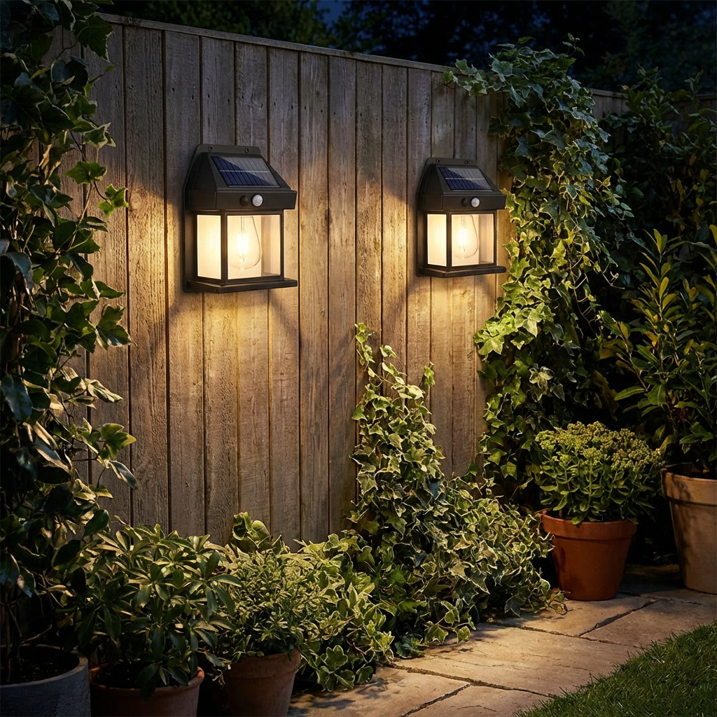 Solar LED-Wandleuchte – Wasserdichte Außenlampe mit Lichtsensor für Garten, Hof und Zaun (2 Stück)