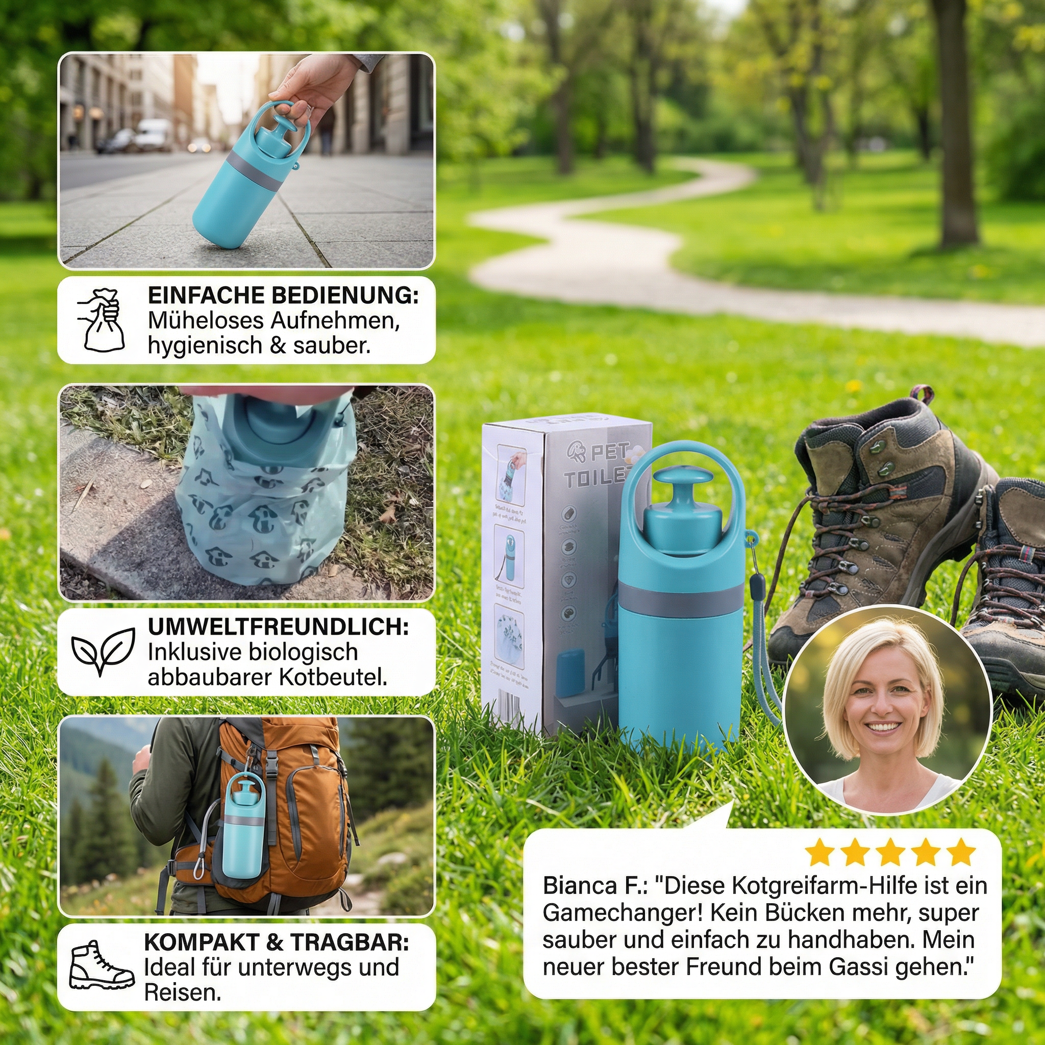 Praktische Kotgreifarm Hilfe mit Kotbeutel – Tragbares Outdoor-Set