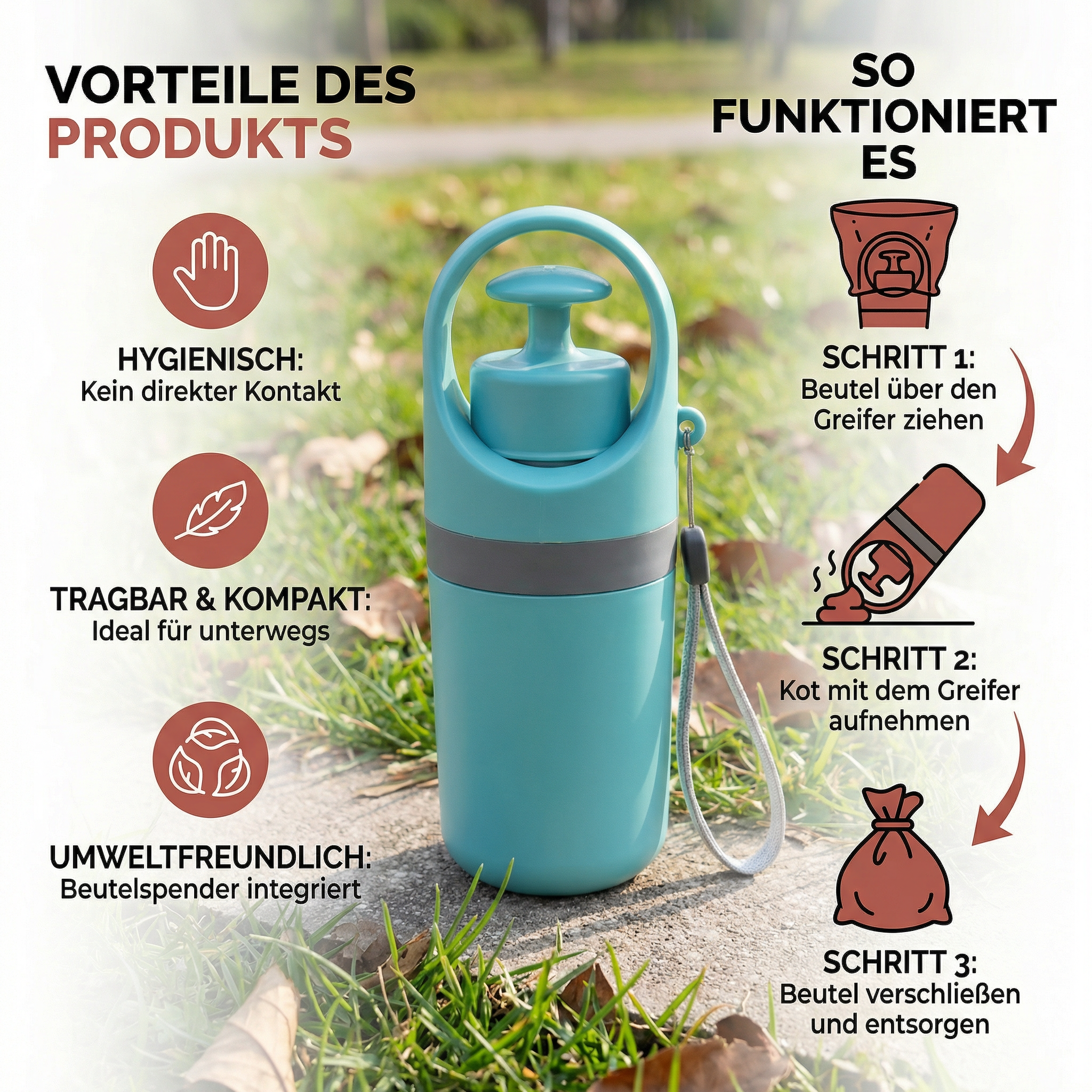 Praktische Kotgreifarm Hilfe mit Kotbeutel – Tragbares Outdoor-Set