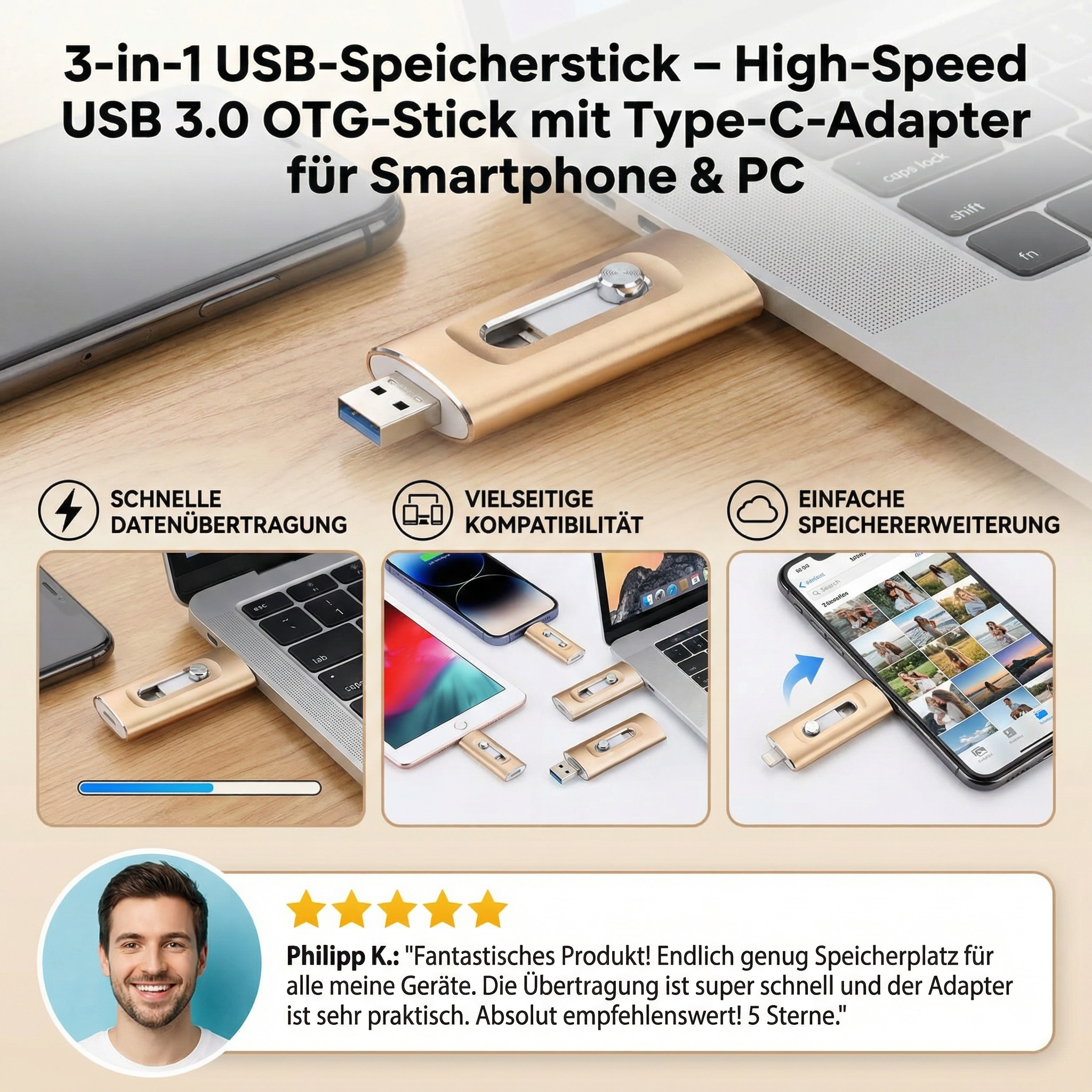 3-in-1 USB-Speicherstick – High-Speed USB 3.0 OTG-Stick mit Type-C-Adapter für ältere Smartphone & PC