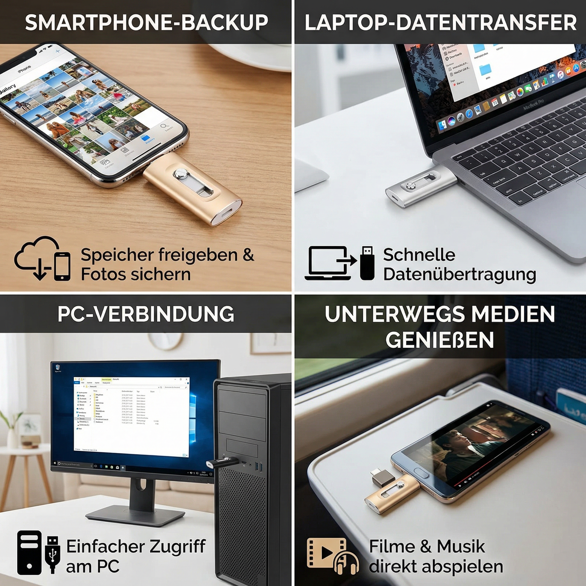 3-in-1 USB-Speicherstick – High-Speed USB 3.0 OTG-Stick mit Type-C-Adapter für ältere Smartphone & PC