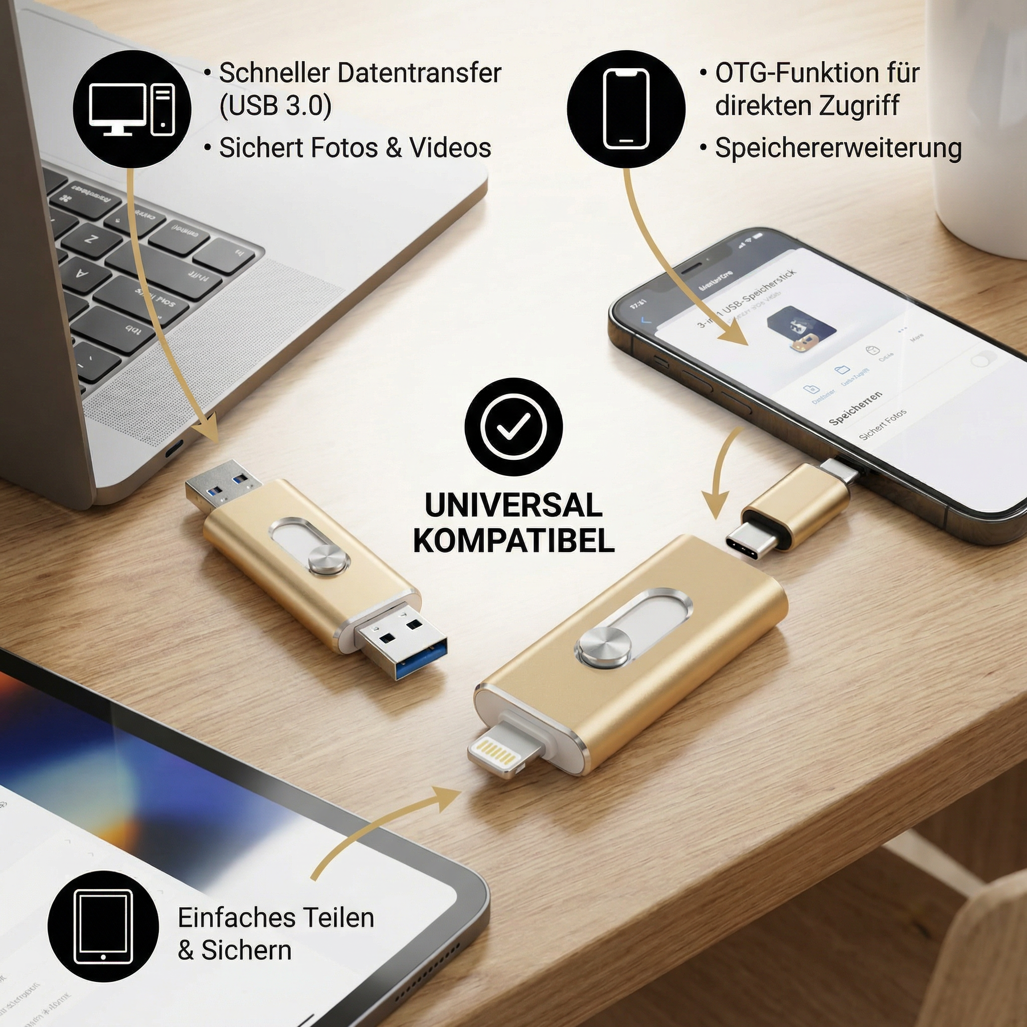 3-in-1 USB-Speicherstick – High-Speed USB 3.0 OTG-Stick mit Type-C-Adapter für ältere Smartphone & PC