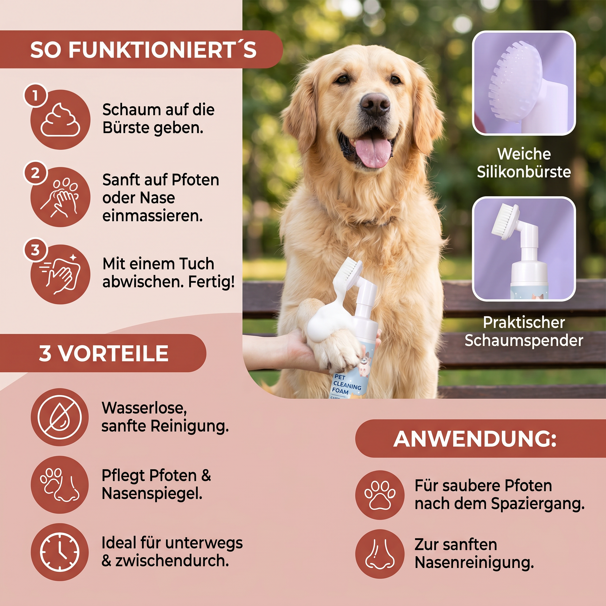 Wasserloser & Sanfter Pfoten Reinigungsschaum mit Bürste für Hunde