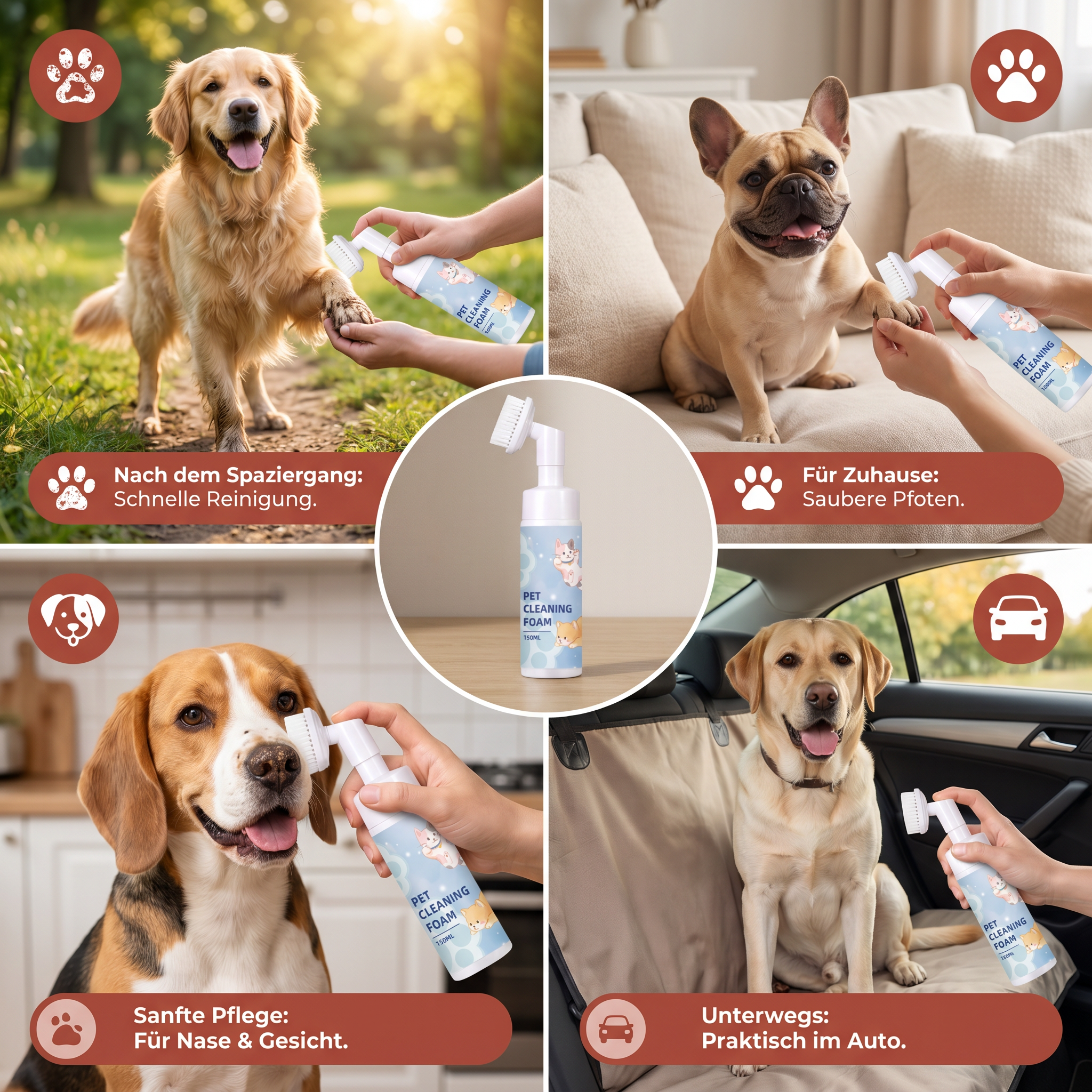 Wasserloser & Sanfter Pfoten Reinigungsschaum mit Bürste für Hunde