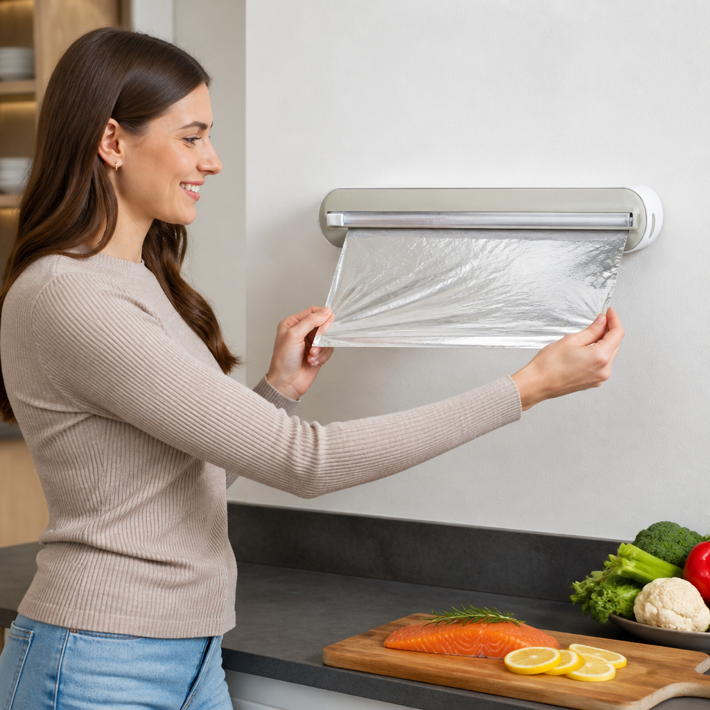 Magnetischer Wandspender für Alufolie und Frischhaltefolie mit Sicherheitsschneider
