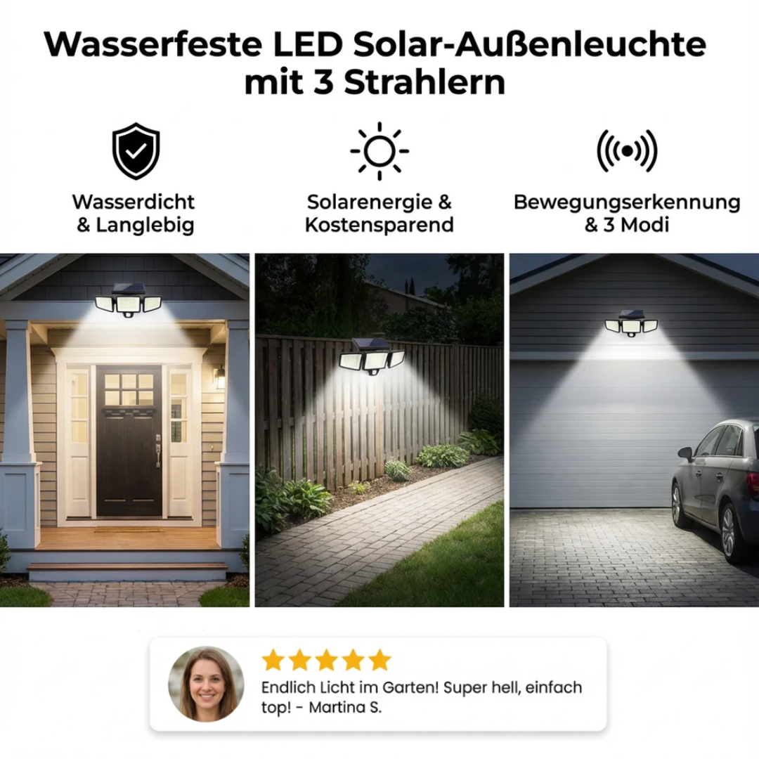 Wasserfeste LED Solar-Außenleuchte mit 3 Strahlern – 3 Lichtmodi & Bewegungsausleuchtung