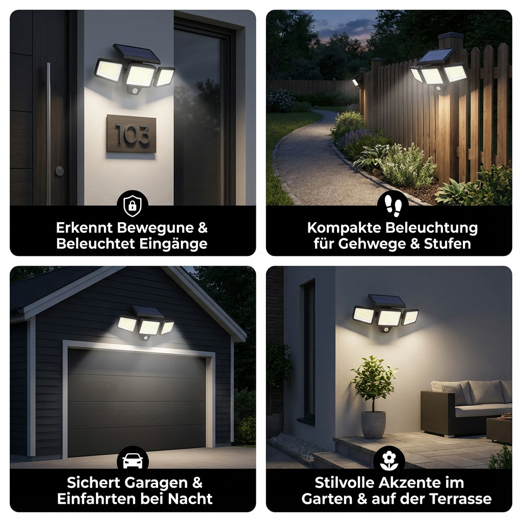 Wasserfeste LED Solar-Außenleuchte mit 3 Strahlern – 3 Lichtmodi & Bewegungsausleuchtung