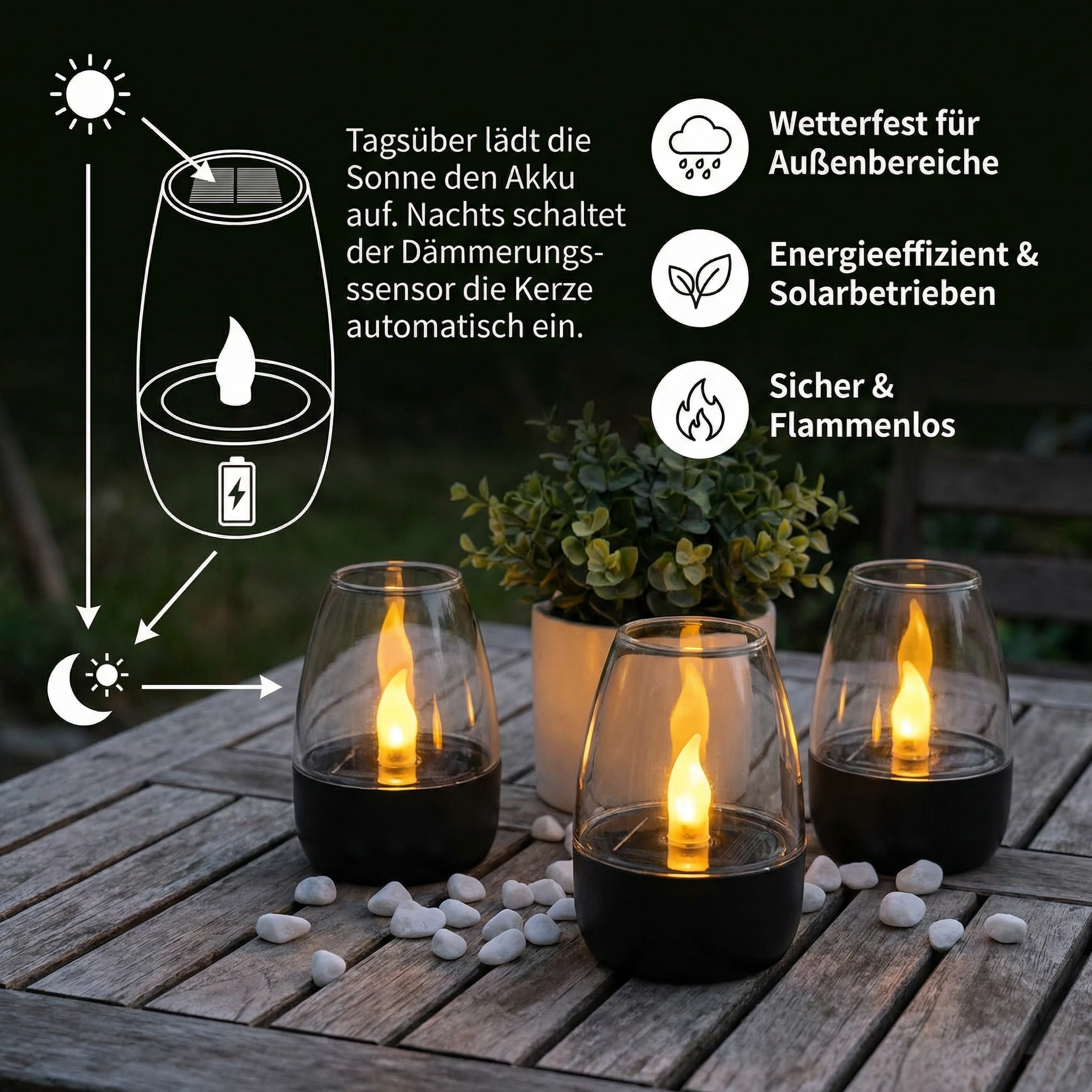 LED Solar Kerzenleuchte – Flammenlos & Wetterfest für Außenbereiche