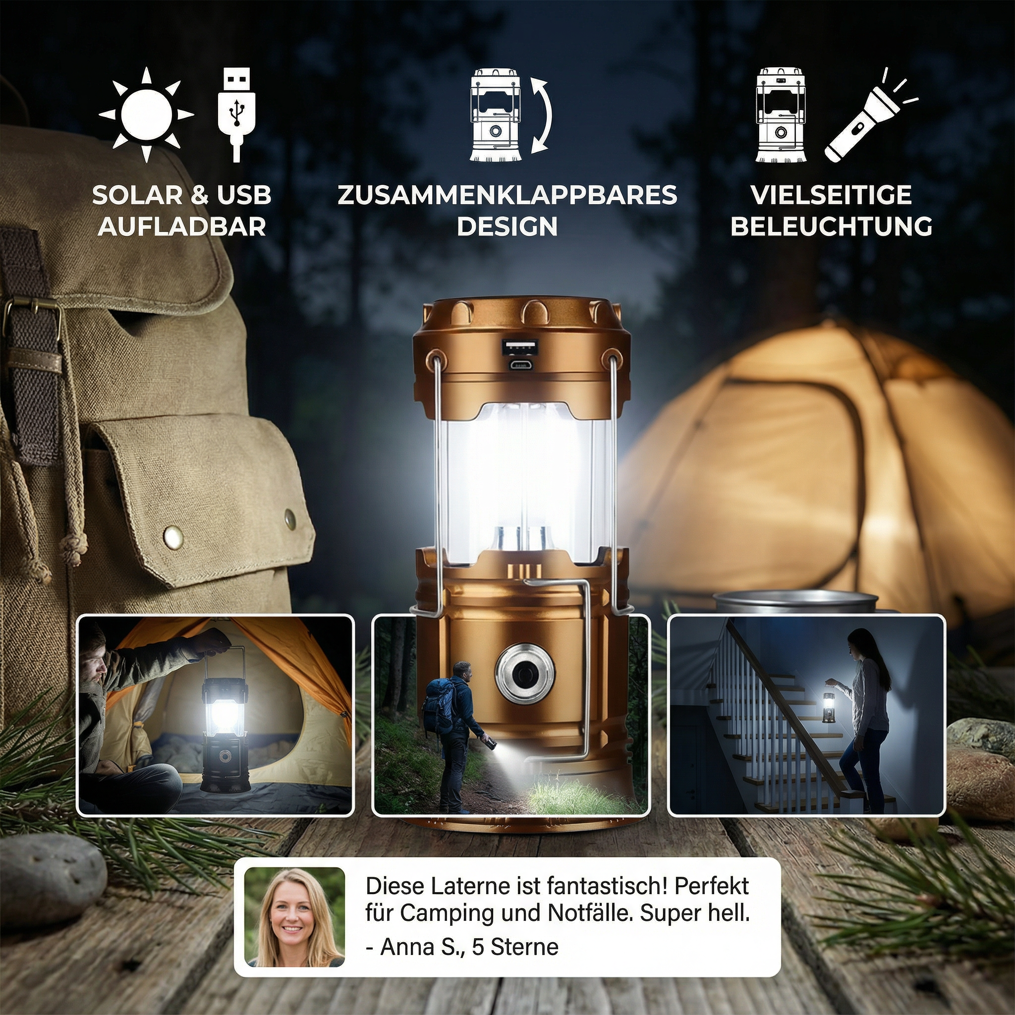 Solar Camping Laterne zusammen klappbar LED Solar USB wiederauf ladbare Laterne Taschenlampe